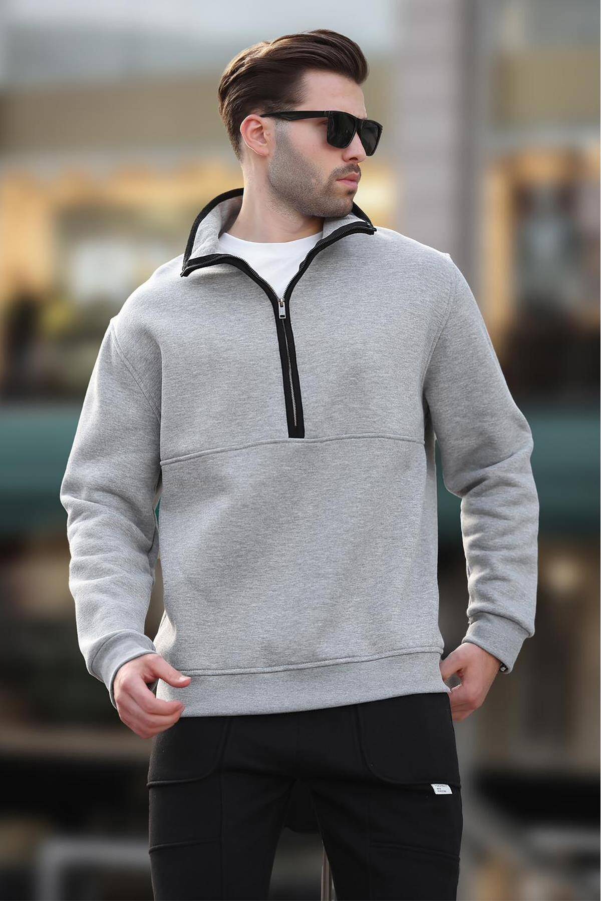 سویشرت نیمه زیپ یقه بلند خاکستری