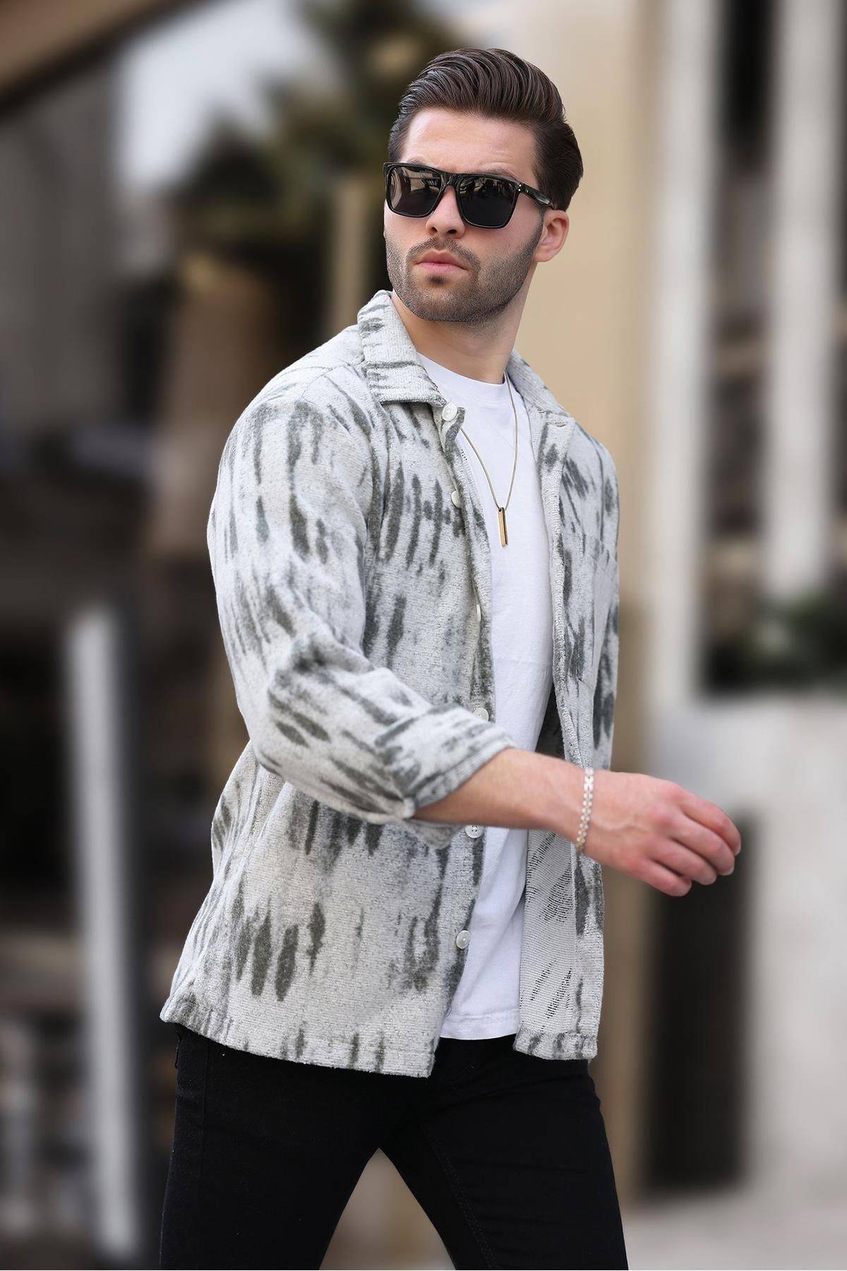 پیراهن پشمی مردانه تک جیبی طرح دار خاکستری