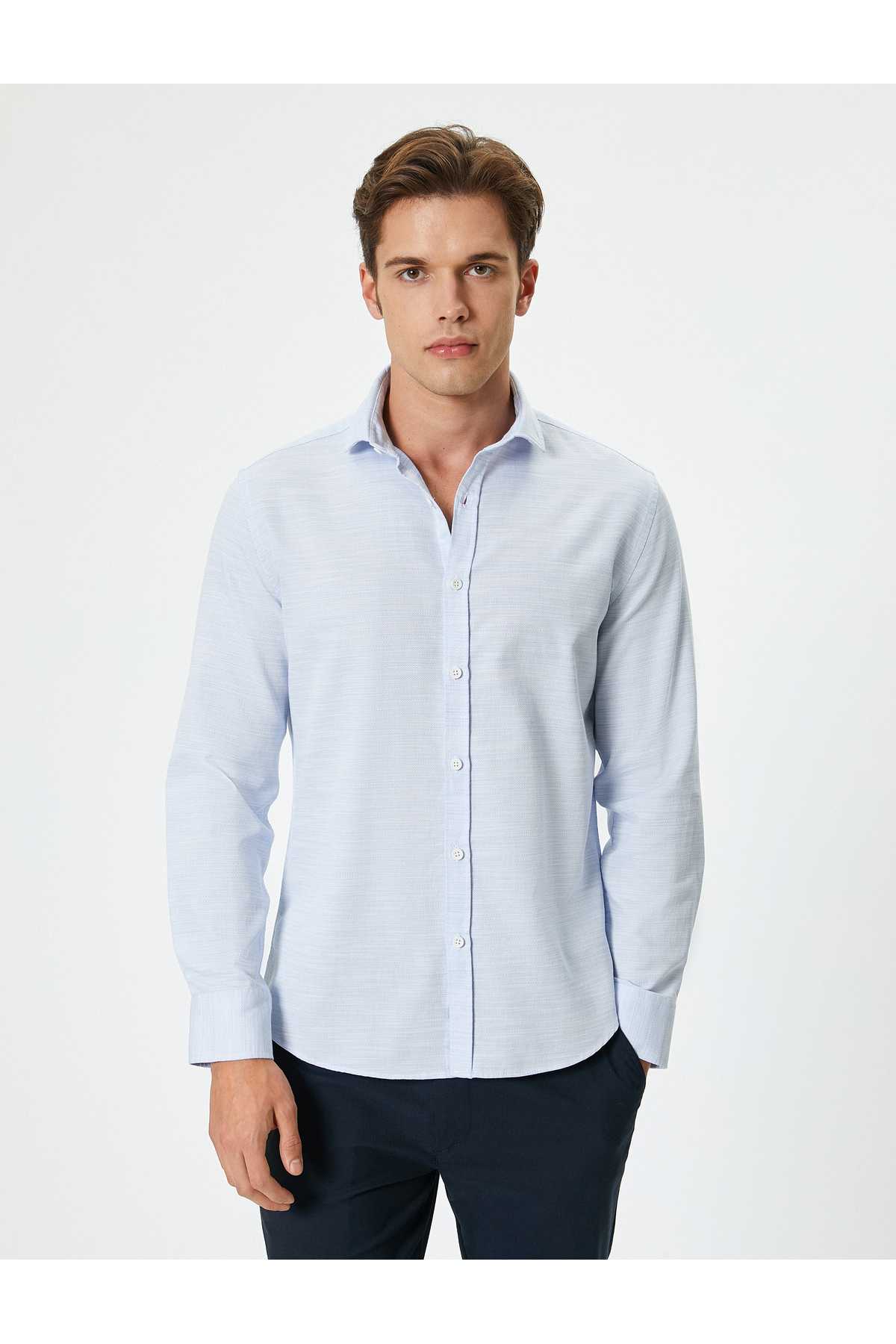 پیراهن باریک یقه کلاسیک آستین بلند دکمه دار نخی