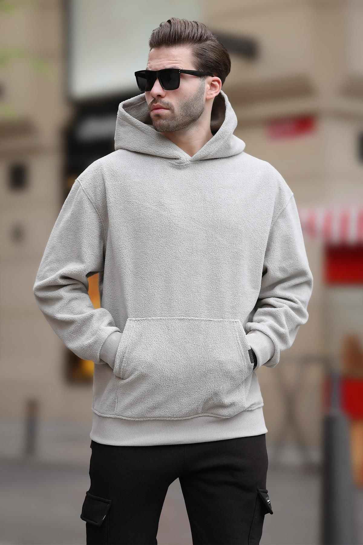 سویشرت مردانه سرپوش دار خاکستری رنگ شده با جزئیات جیبی