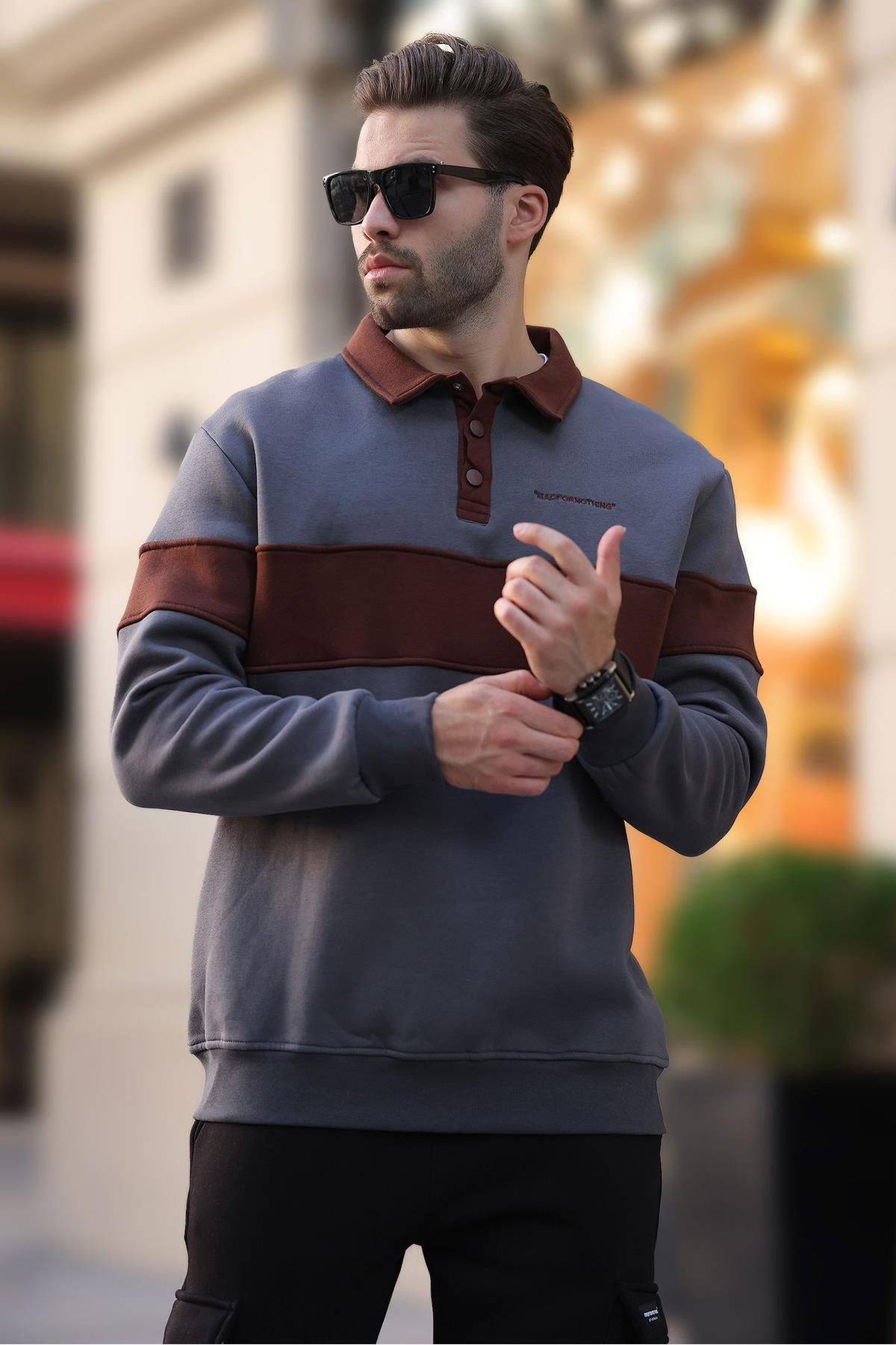 سویشرت مردانه یقه دودی رنگ بلوک