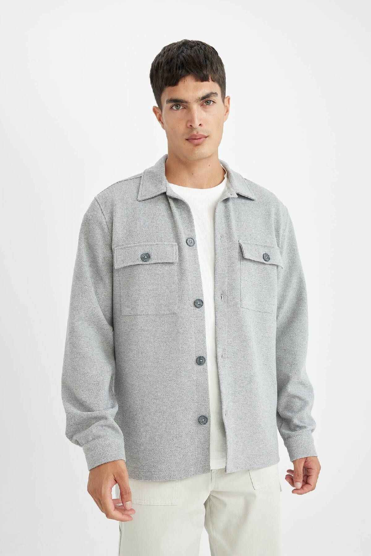 پیراهن آستین بلند ساده خاکستری با برش معمولی یقه پولو D3381ax24au