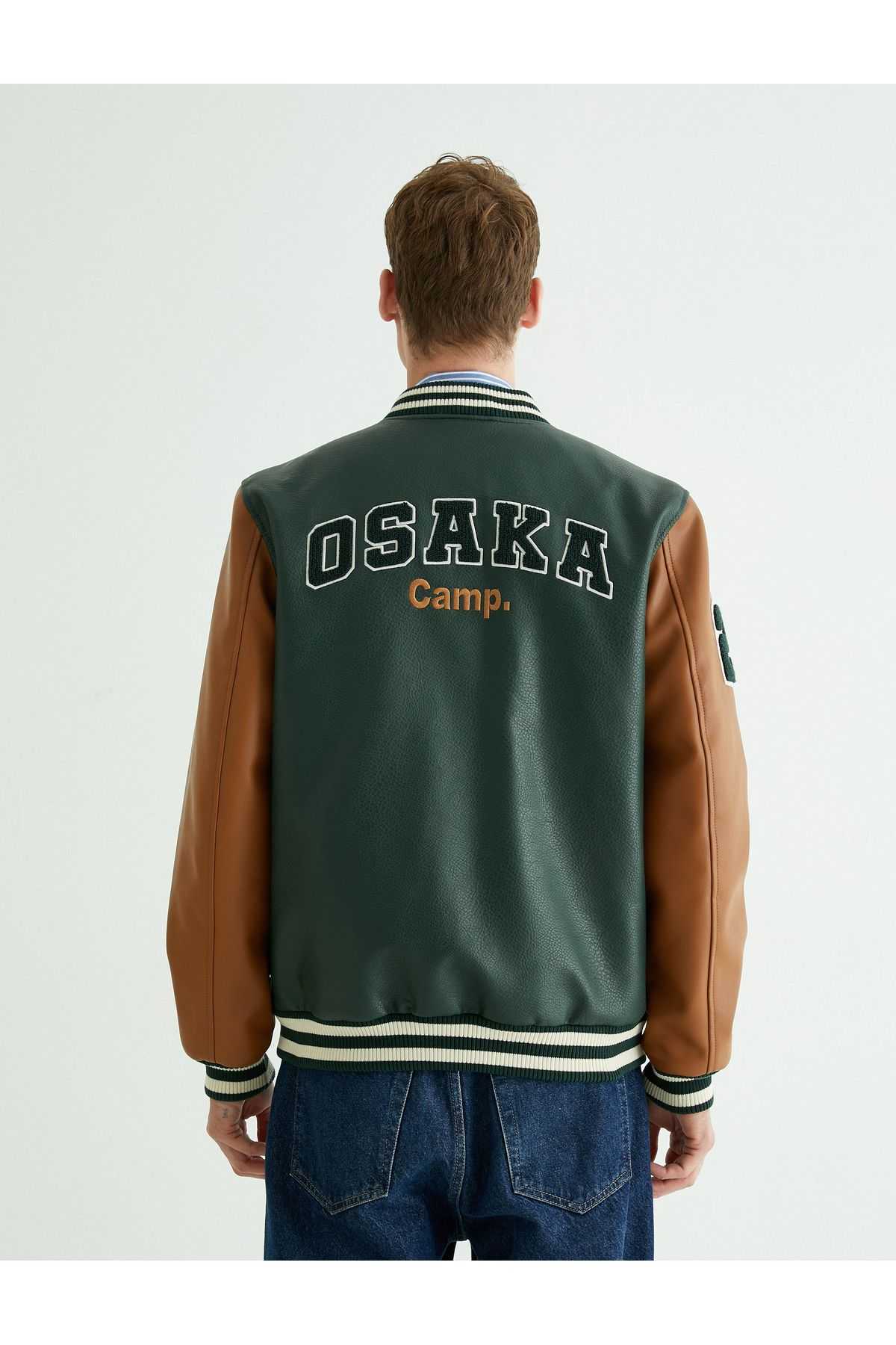 کالج کالج چرم نگاه بمب افکن یقه دوزی دکمه ضربه محکم و ناگهانی جیب