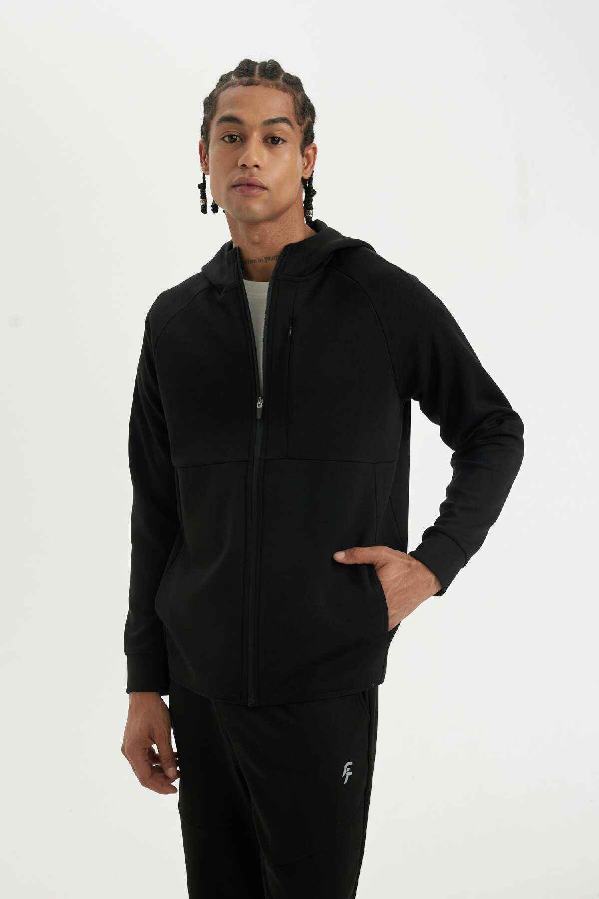 سوئیشرت زیپ دار پارچه ای غواصی مشکی فیت اسلیم فیت اسلیم فیت کلاهدار A6956ax24au