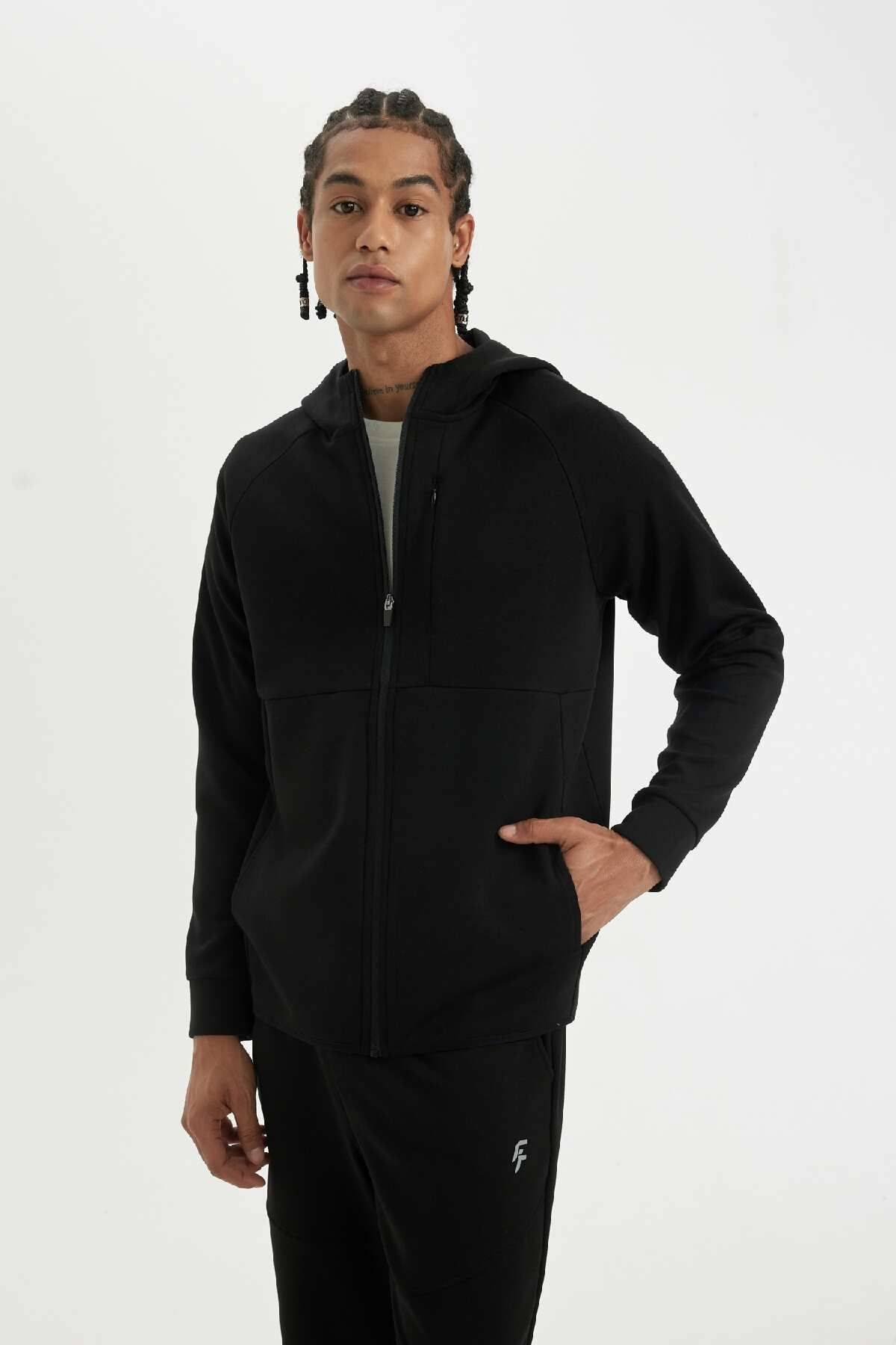 سوئیشرت زیپ دار پارچه ای غواصی مشکی فیت اسلیم فیت اسلیم فیت کلاهدار A6956ax24au