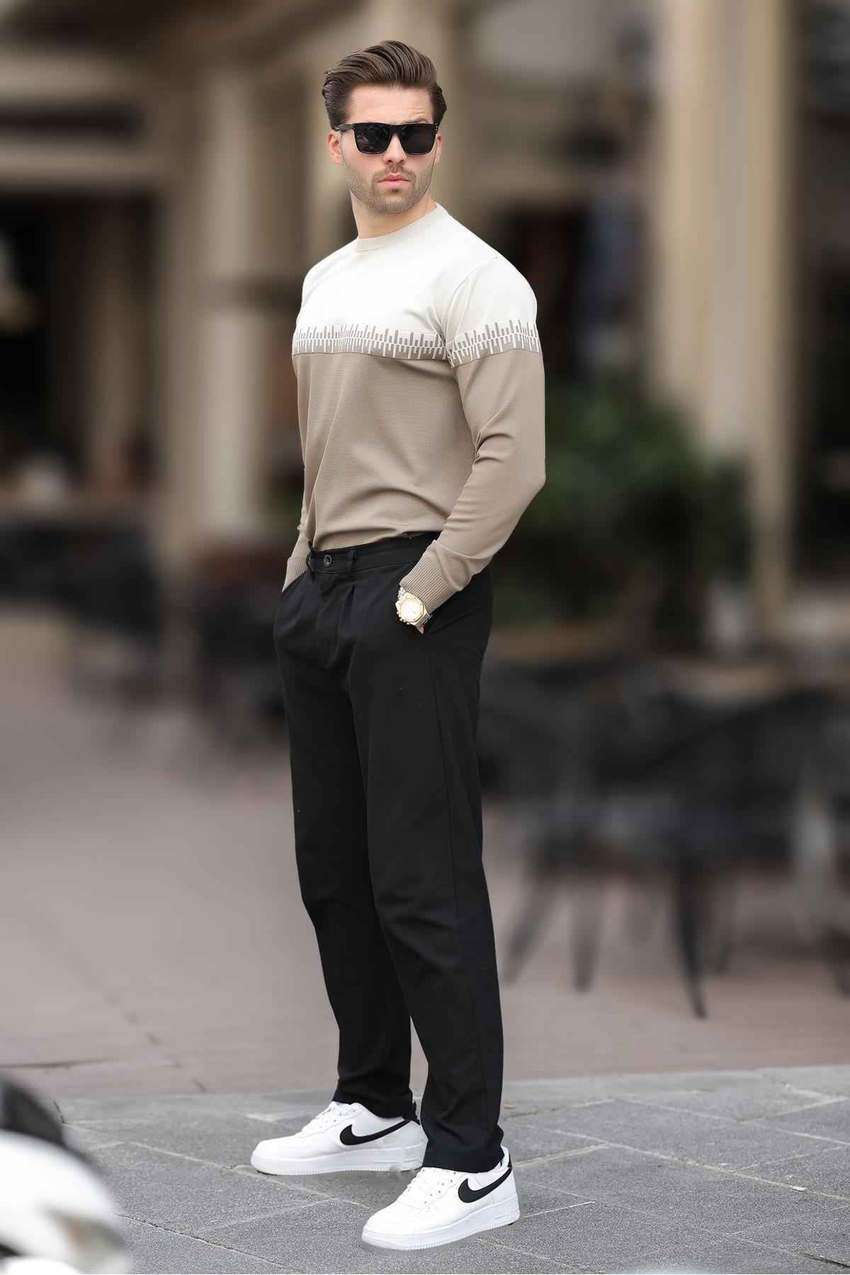 ژاکت بافتنی مردانه یقه دو رنگ طرح آبی سرمه ای