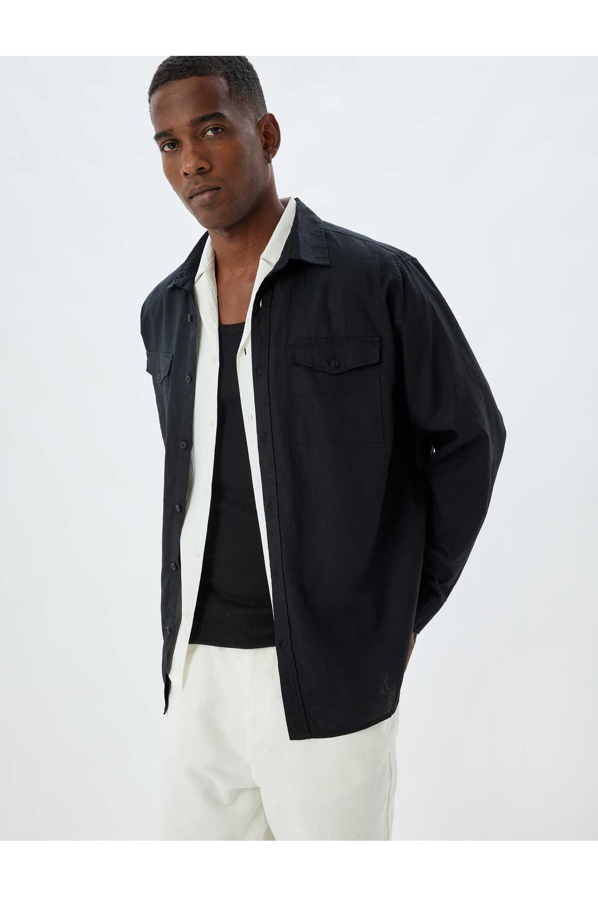 کتانی ترکیبی پیراهن آستین بلند جزئیات جیب فلپ