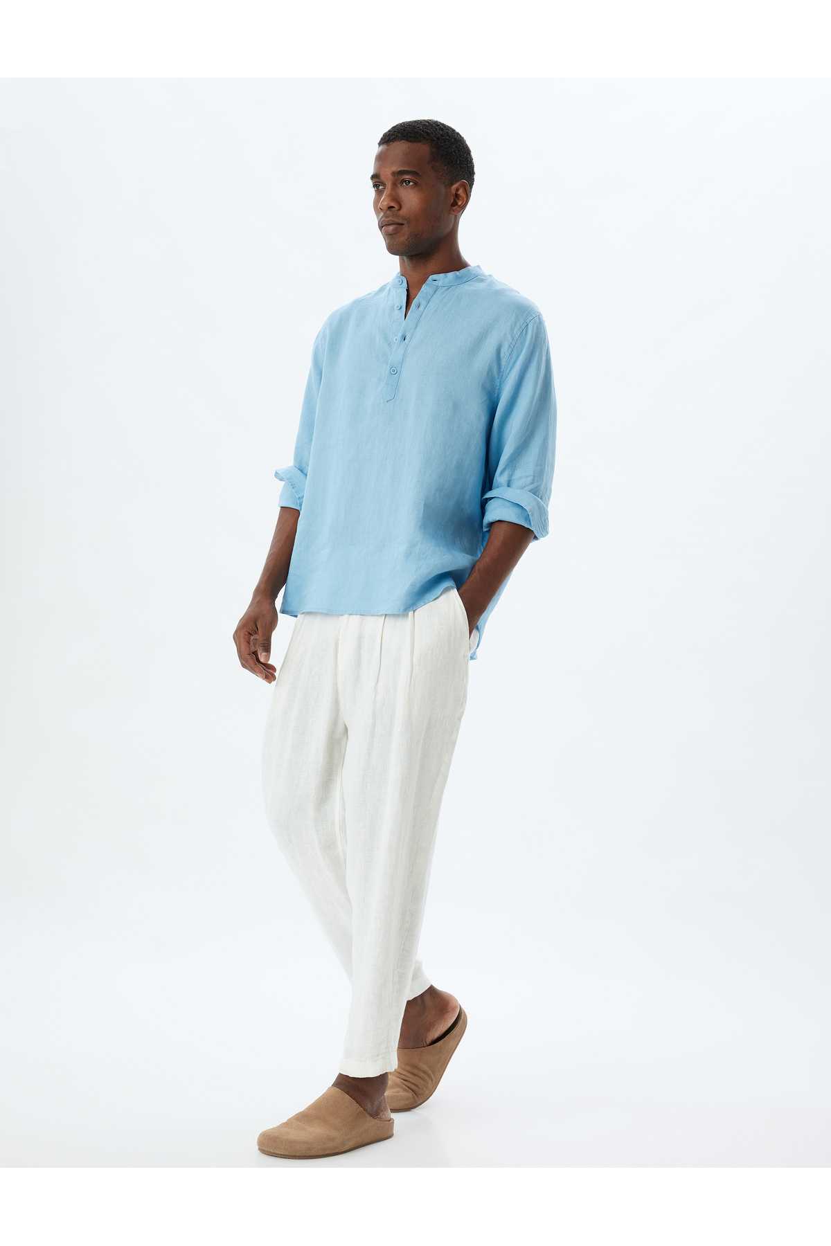 دکمه آستین بلند پیراهن کتان رایگان