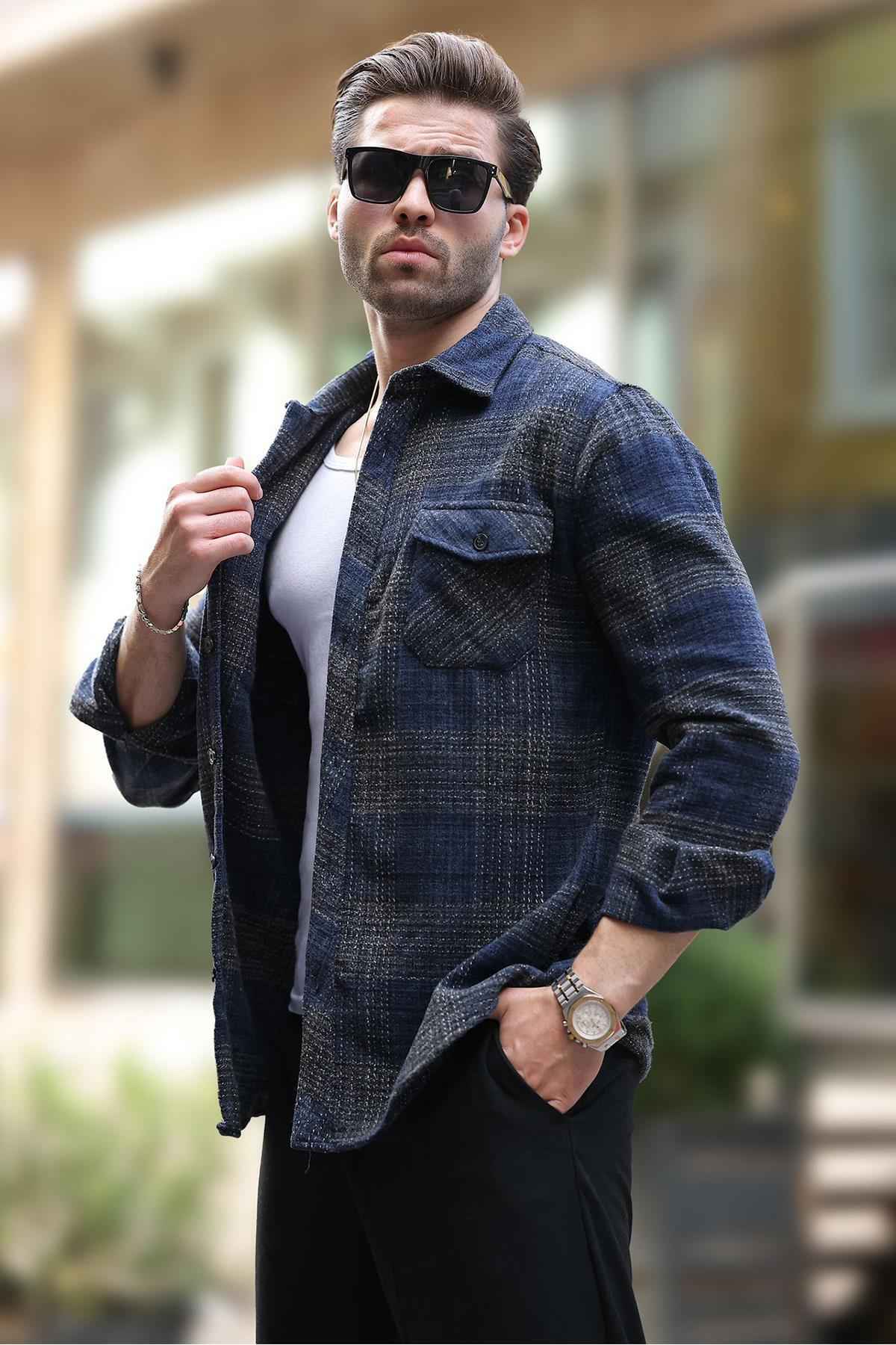 پیراهن پشمی مردانه طرح خاکستری با جیب سینه