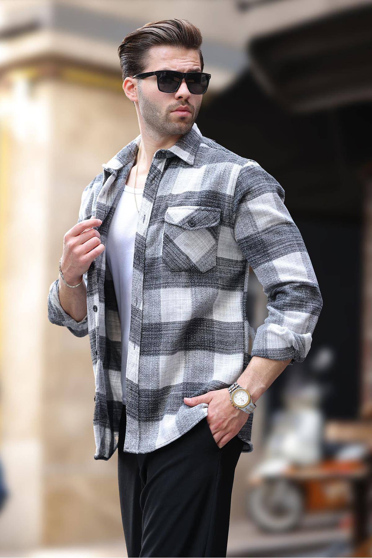 پیراهن پشمی مردانه طرح خاکستری با جیب سینه