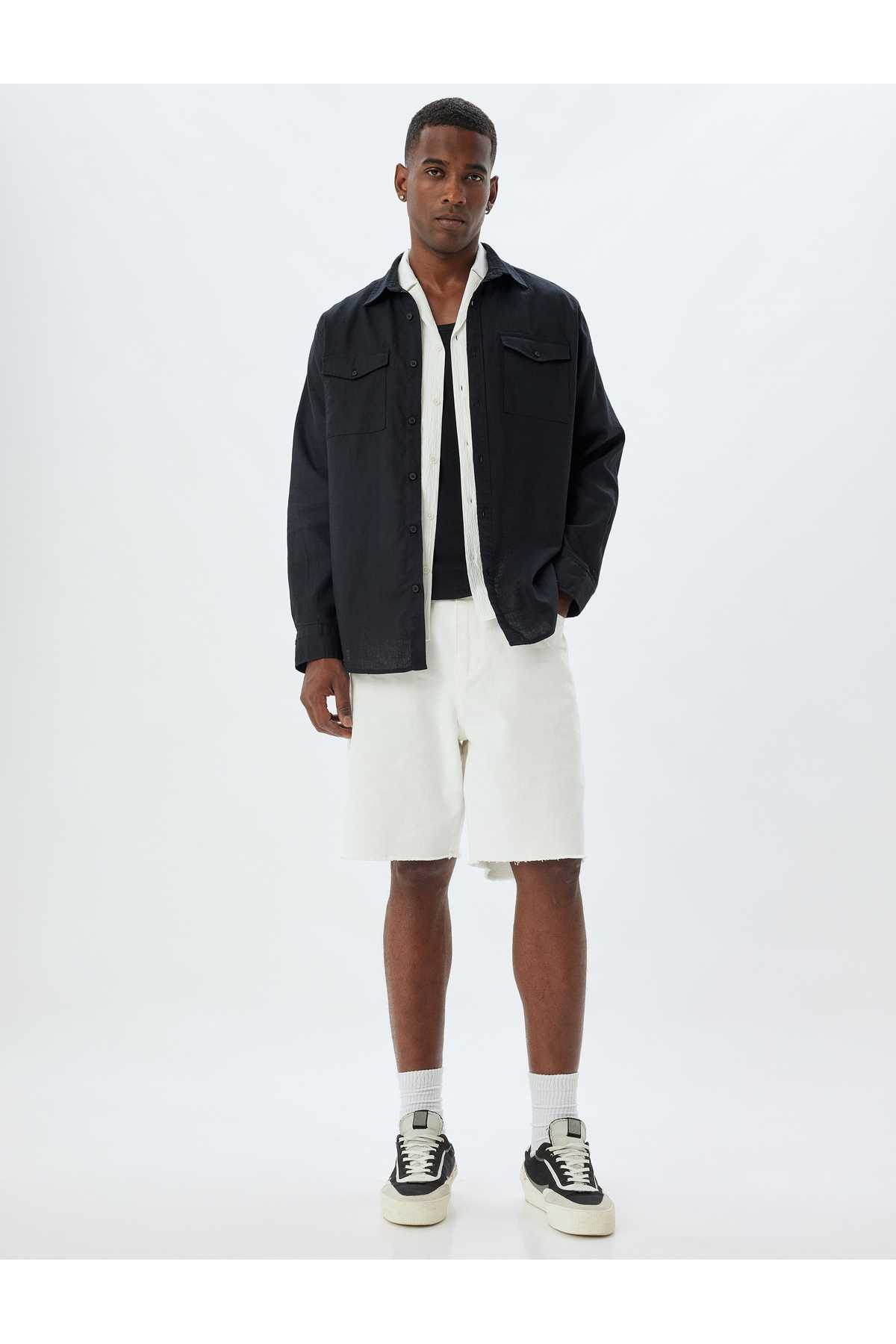 کتانی ترکیبی پیراهن آستین بلند جزئیات جیب فلپ