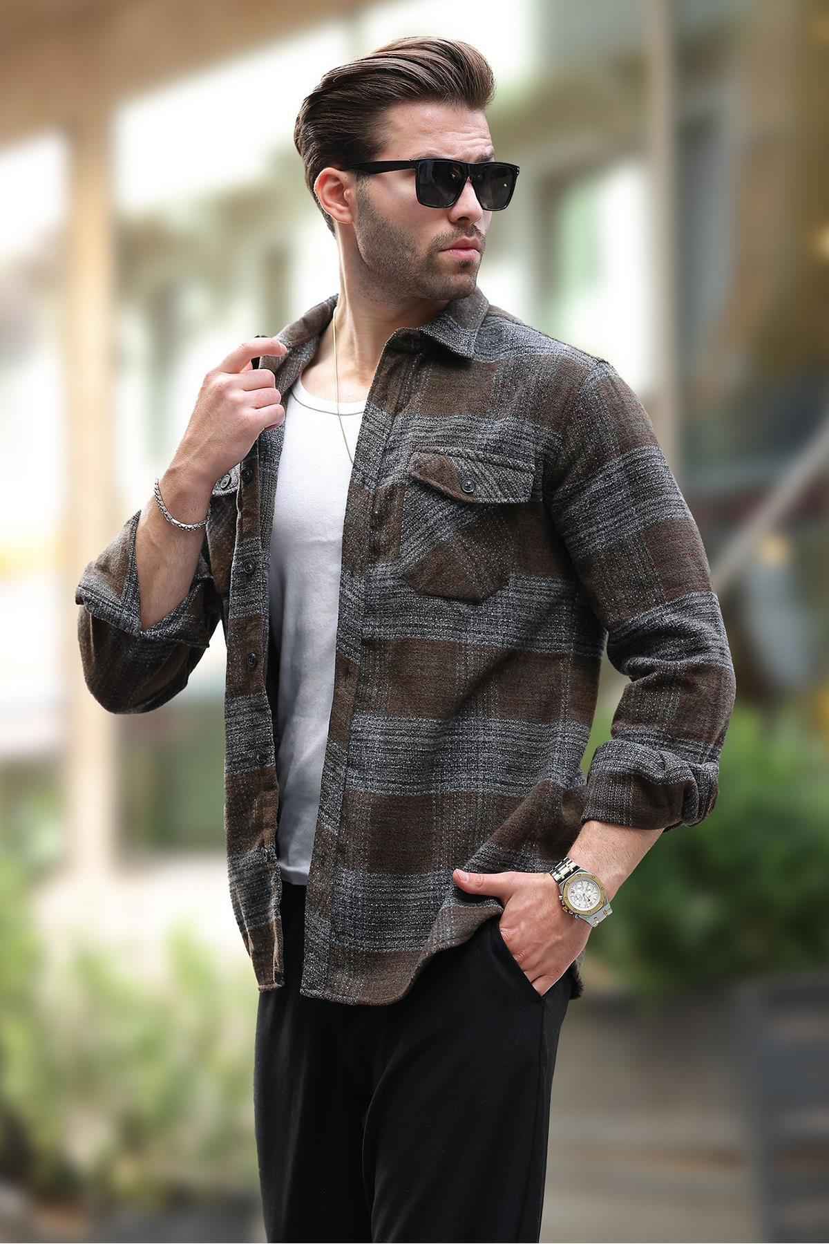 پیراهن پشمی مردانه طرح خاکستری با جیب سینه