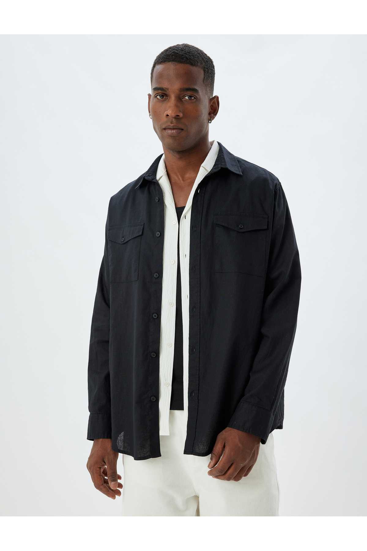 کتانی ترکیبی پیراهن آستین بلند جزئیات جیب فلپ