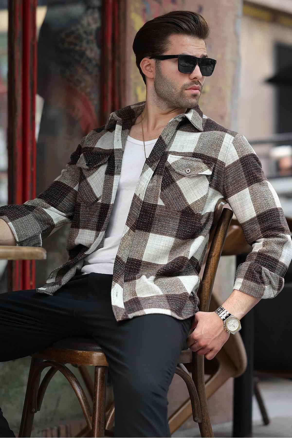 پیراهن پشمی مردانه طرح خاکستری با جیب سینه