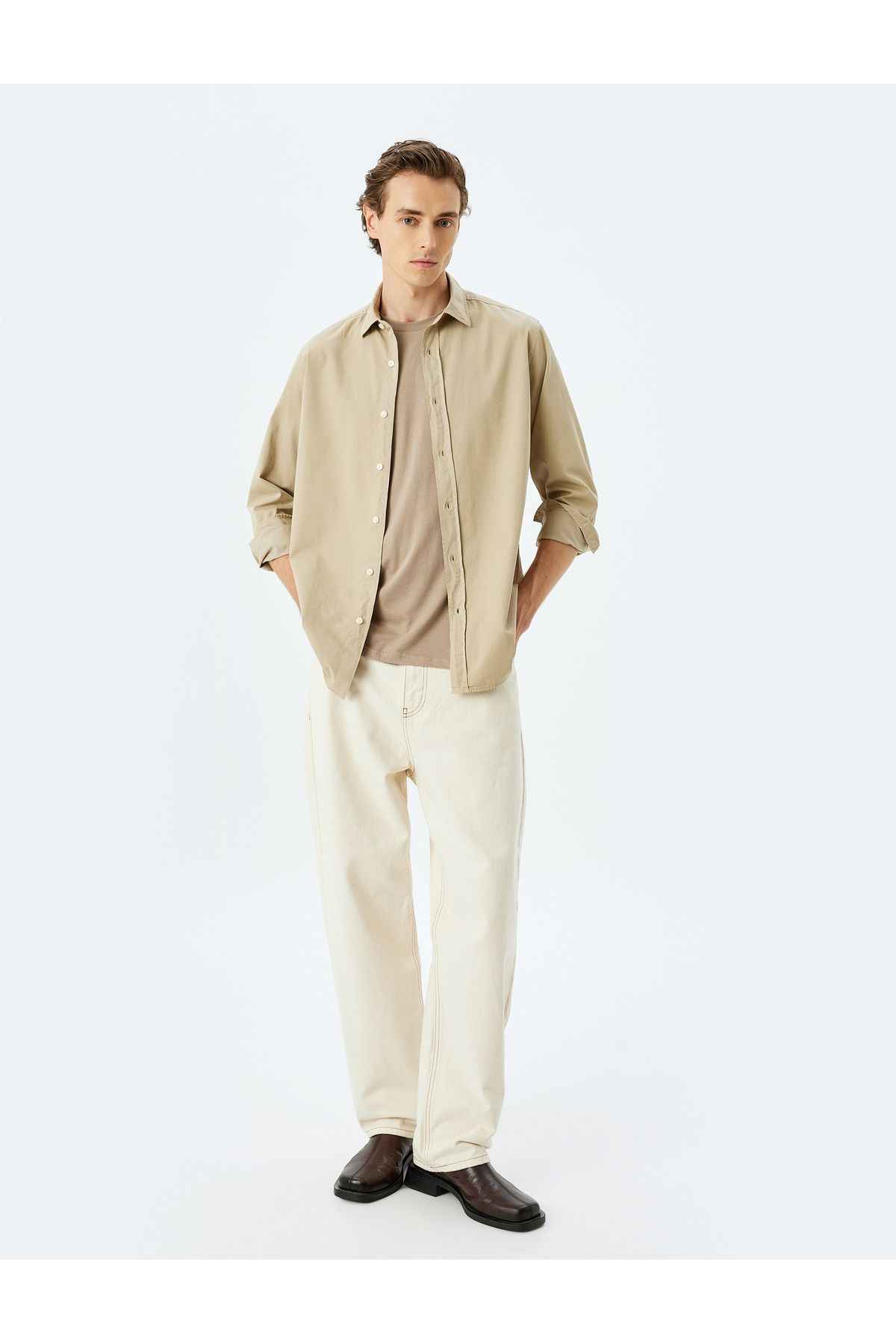 پیراهن پایه آستین بلند یقه ایتالیایی نیمه دکمه دار نخی