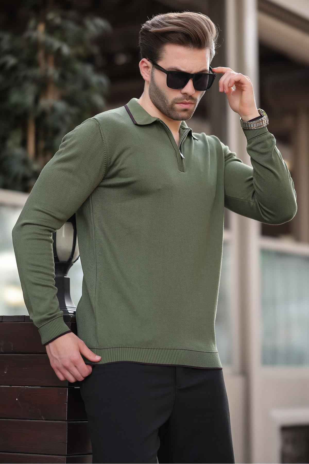 پلیور آستین بلند با زیپ یقه خاکستری