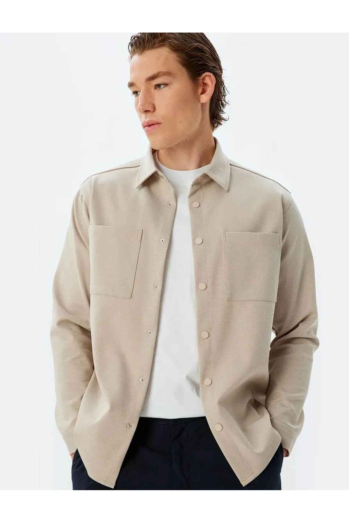 پیراهن آستین بلند با جزئیات جیب، ترکیب ویسکوز، دکمه های ضربه ای