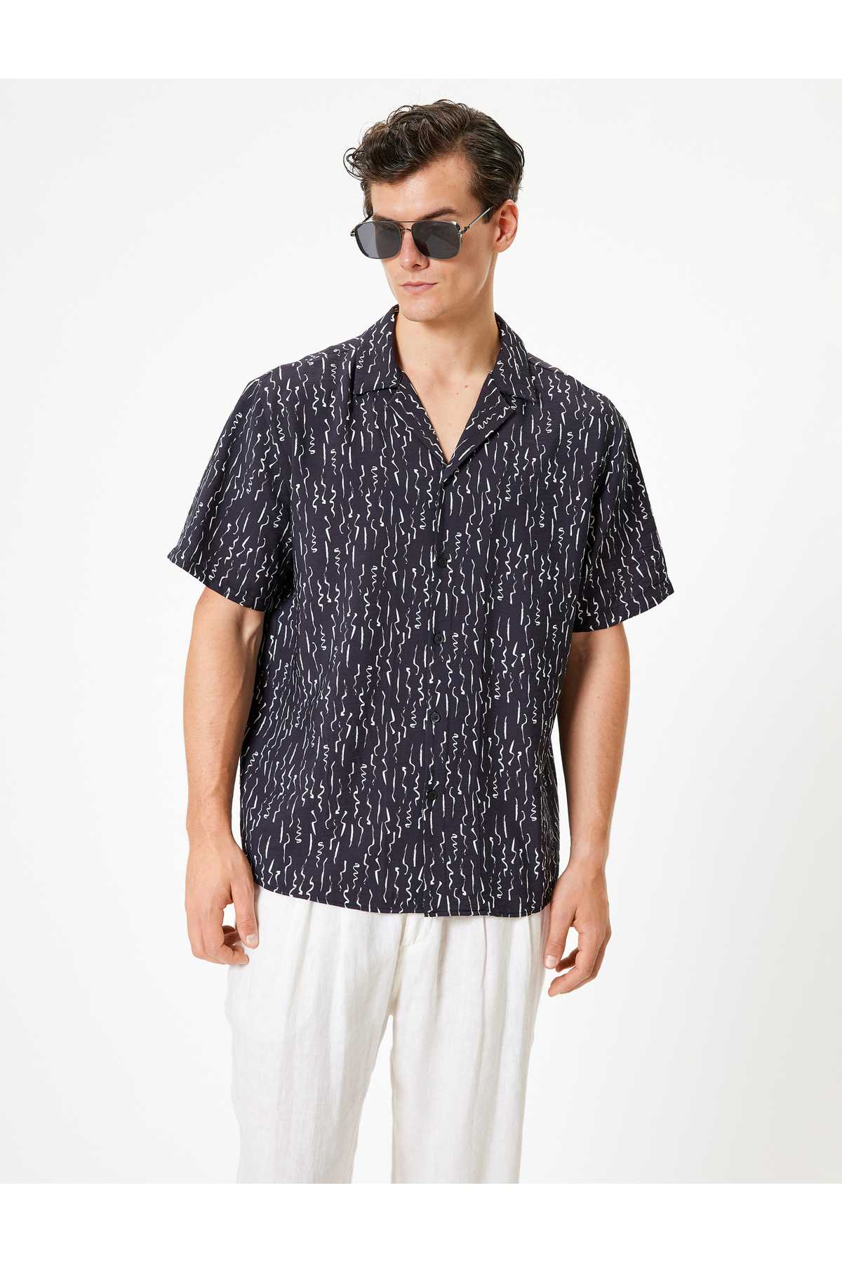 پیراهن طرح دار آستین کوتاه دکمه دار