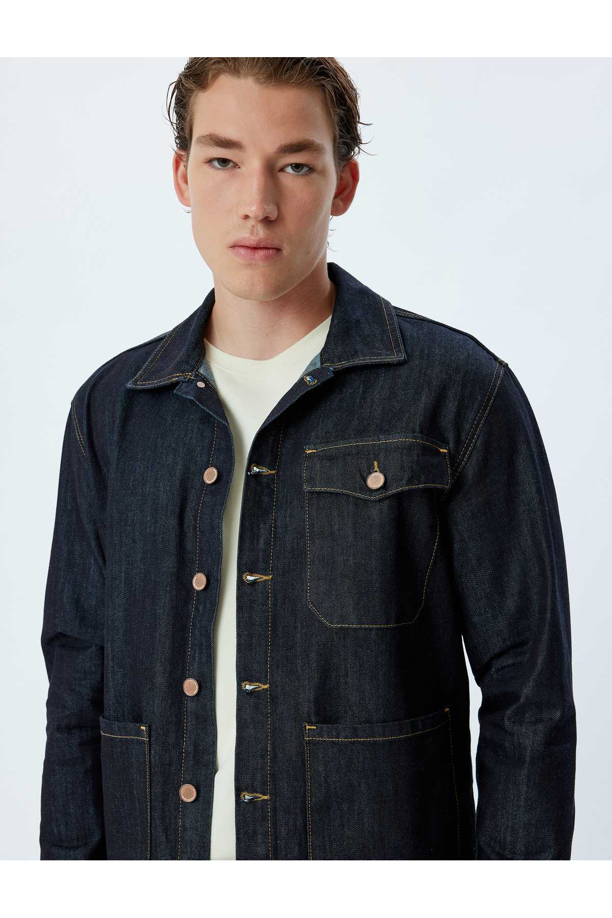 یقه کت جین یقه جیب جزییات پنبه ای