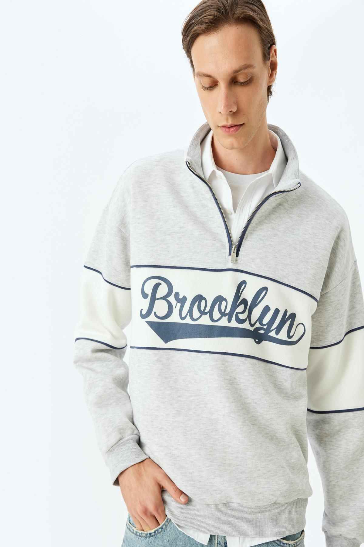 بلوک کالج پرینت شده با نیم زیپ ترکیبی پنبه ای بزرگ