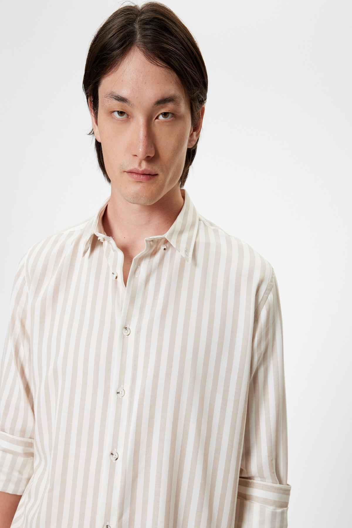 پیراهن باریک با یقه دکمه آستین بلند ترکیبی از پنبه