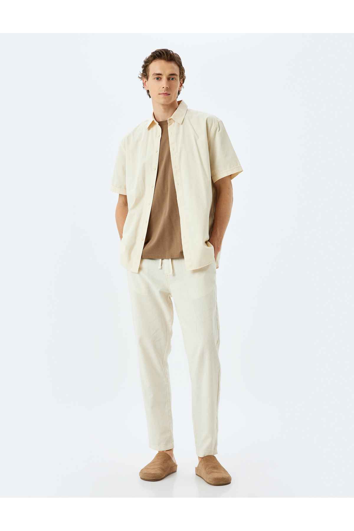 شلوار Boyfriend با جیب توری ترکیبی از کتانی