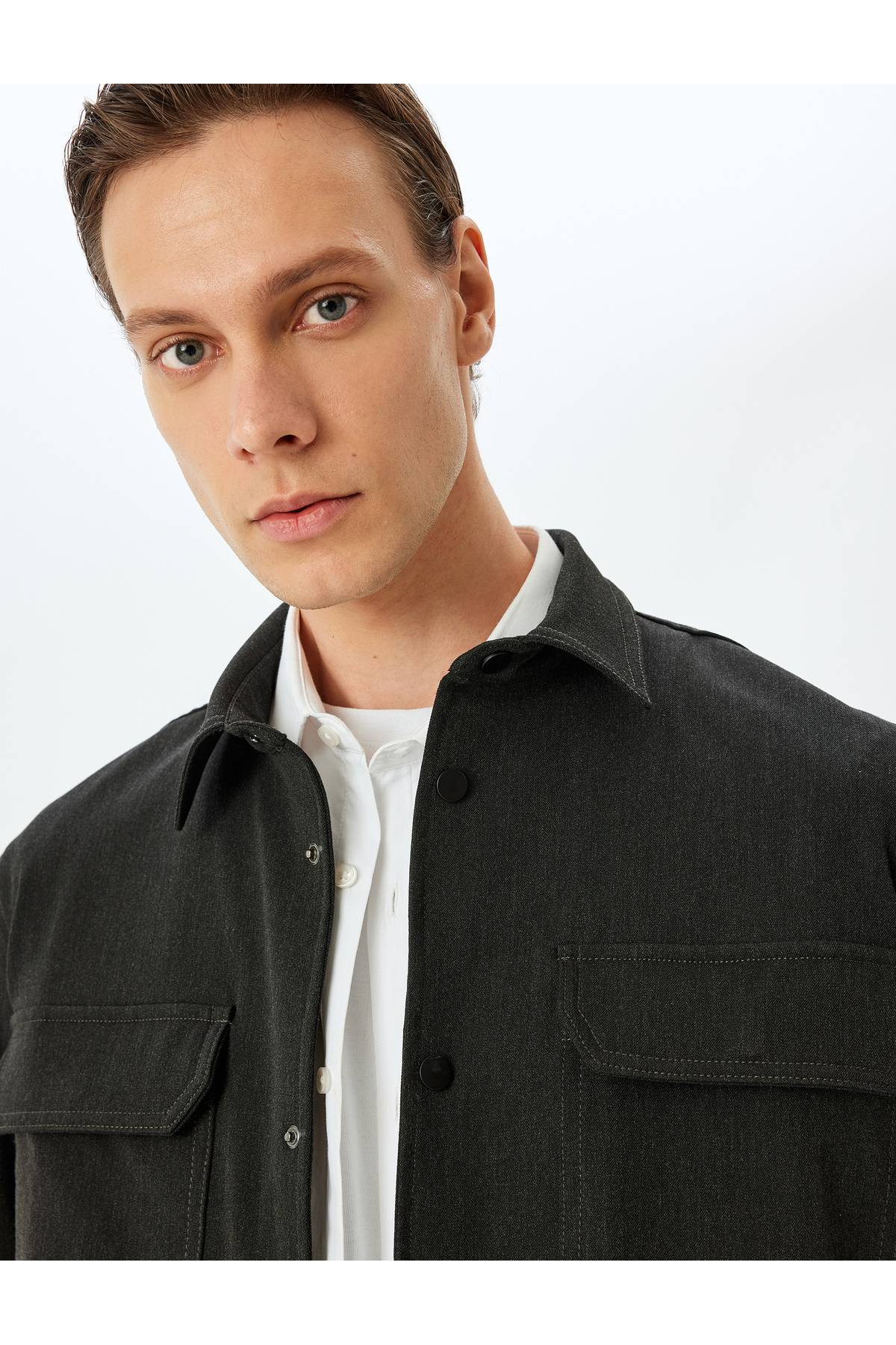 دکمه Citçit با جزئیات کت و شلوار پیراهن جیب درب مخلوط ویسکوز