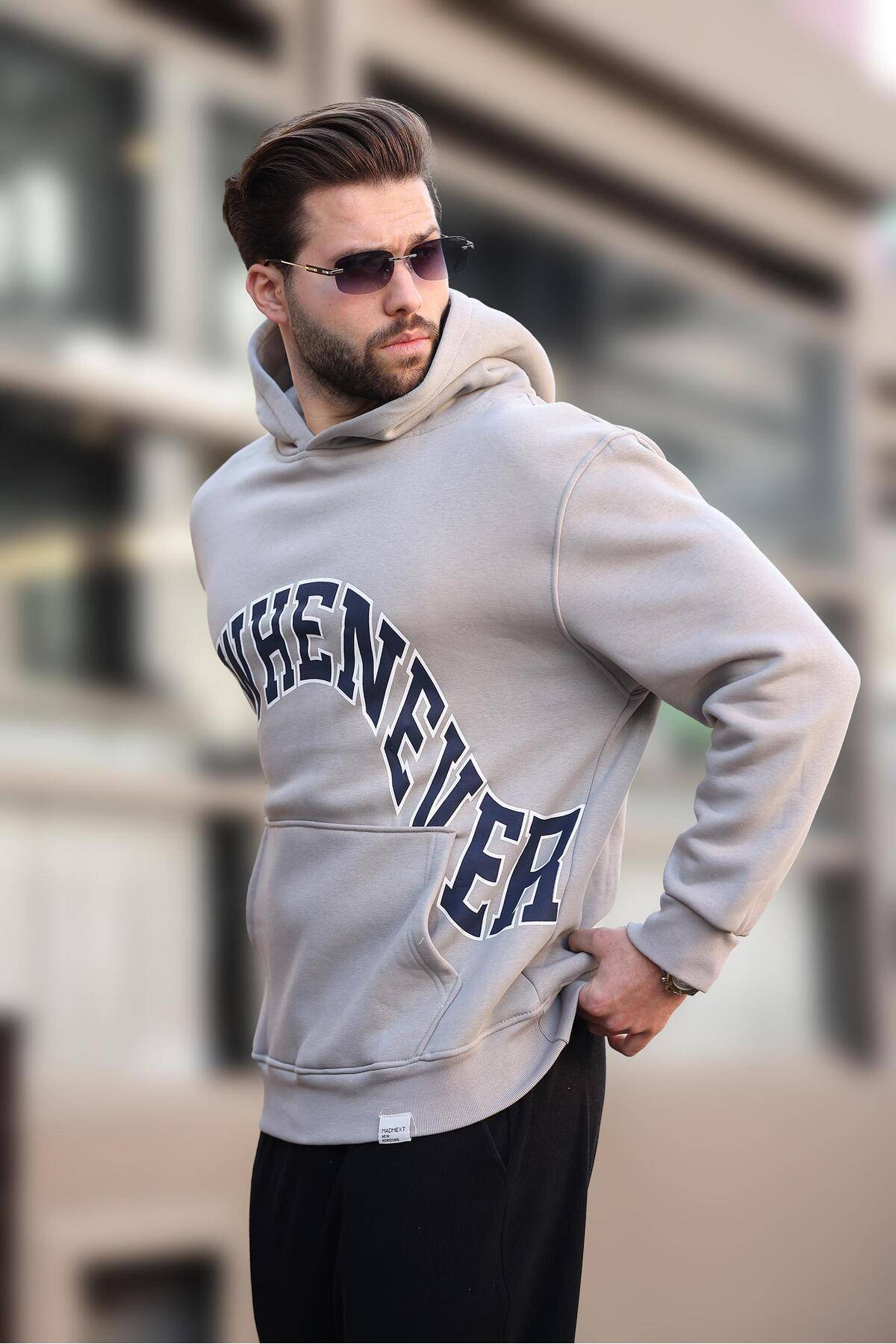 سویشرت مردانه سرپوش خاکستری رنگ شده با جزئیات جیب چاپ شده