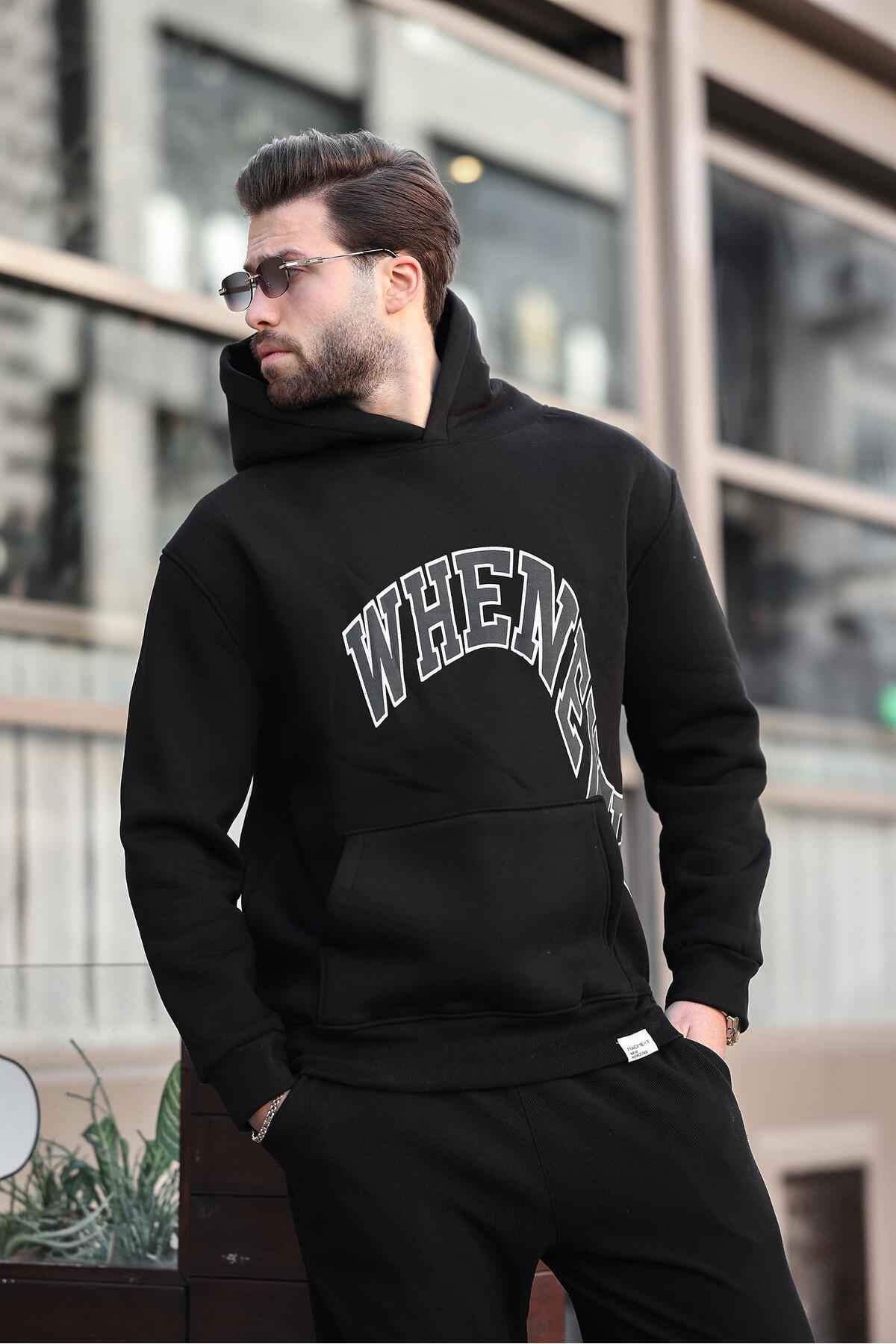 سویشرت مردانه سرپوش خاکستری رنگ شده با جزئیات جیب چاپ شده