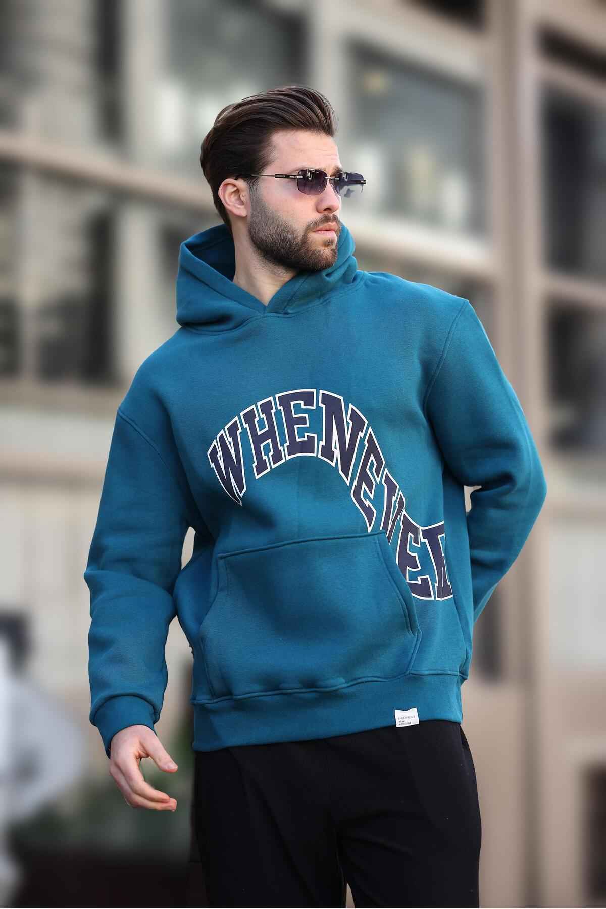 سویشرت مردانه سرپوش خاکستری رنگ شده با جزئیات جیب چاپ شده