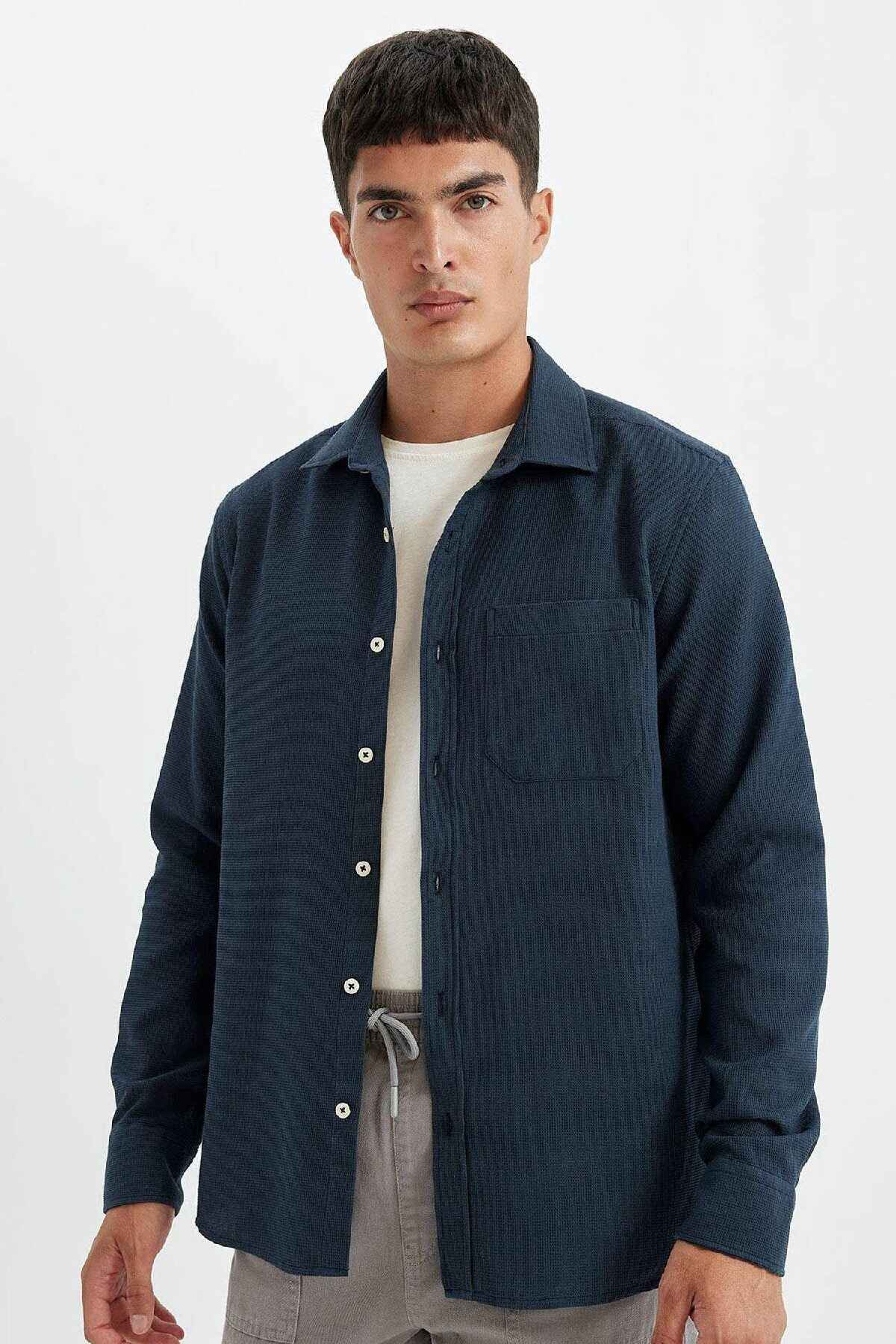 پیراهن آستین بلند نخی ساده با یقه پولو خاکستری D1058ax24au