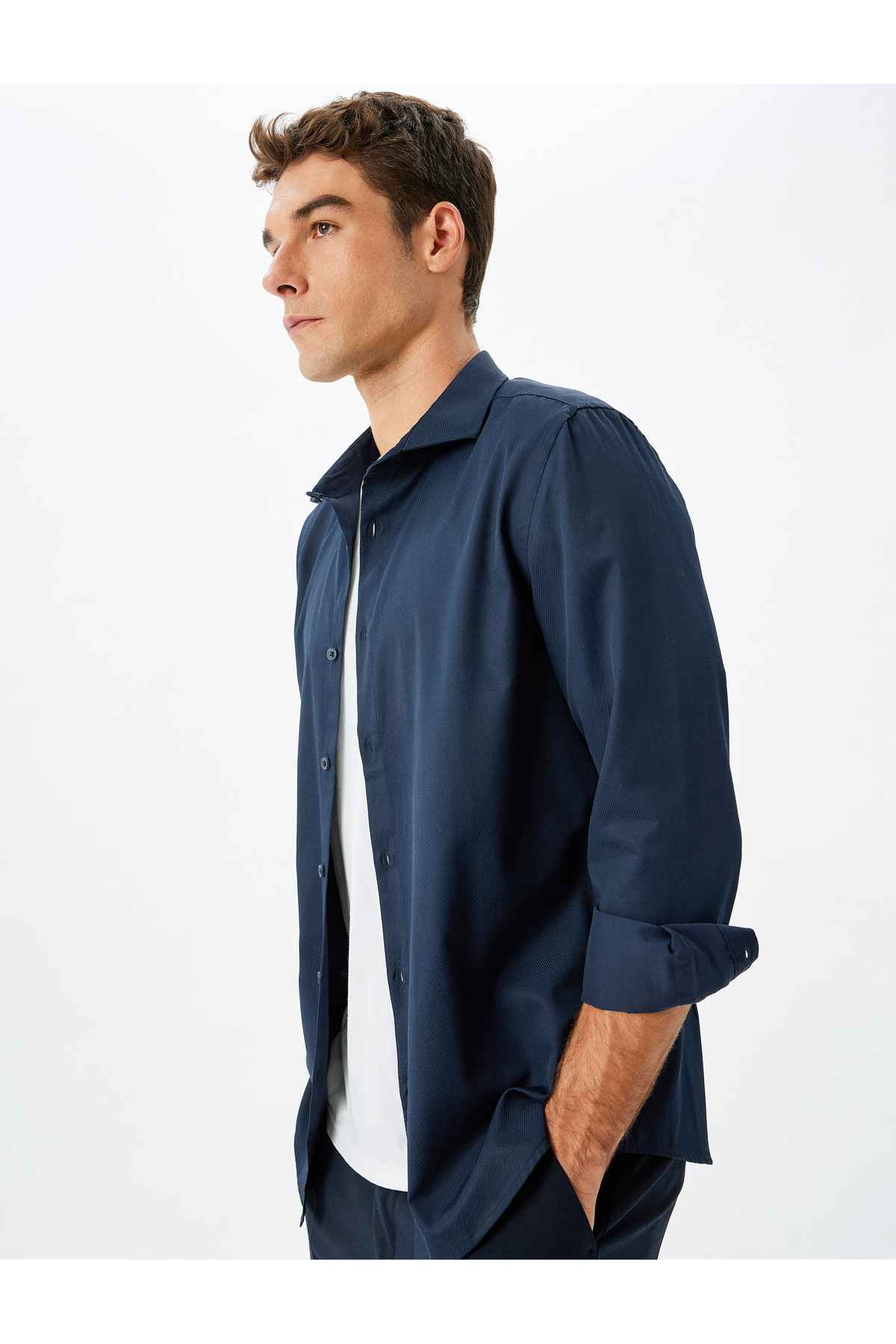 پیراهن کلاسیک باریک و باریک آستین بلند نیمی از یقه ایتالیایی پنبه مخلوط