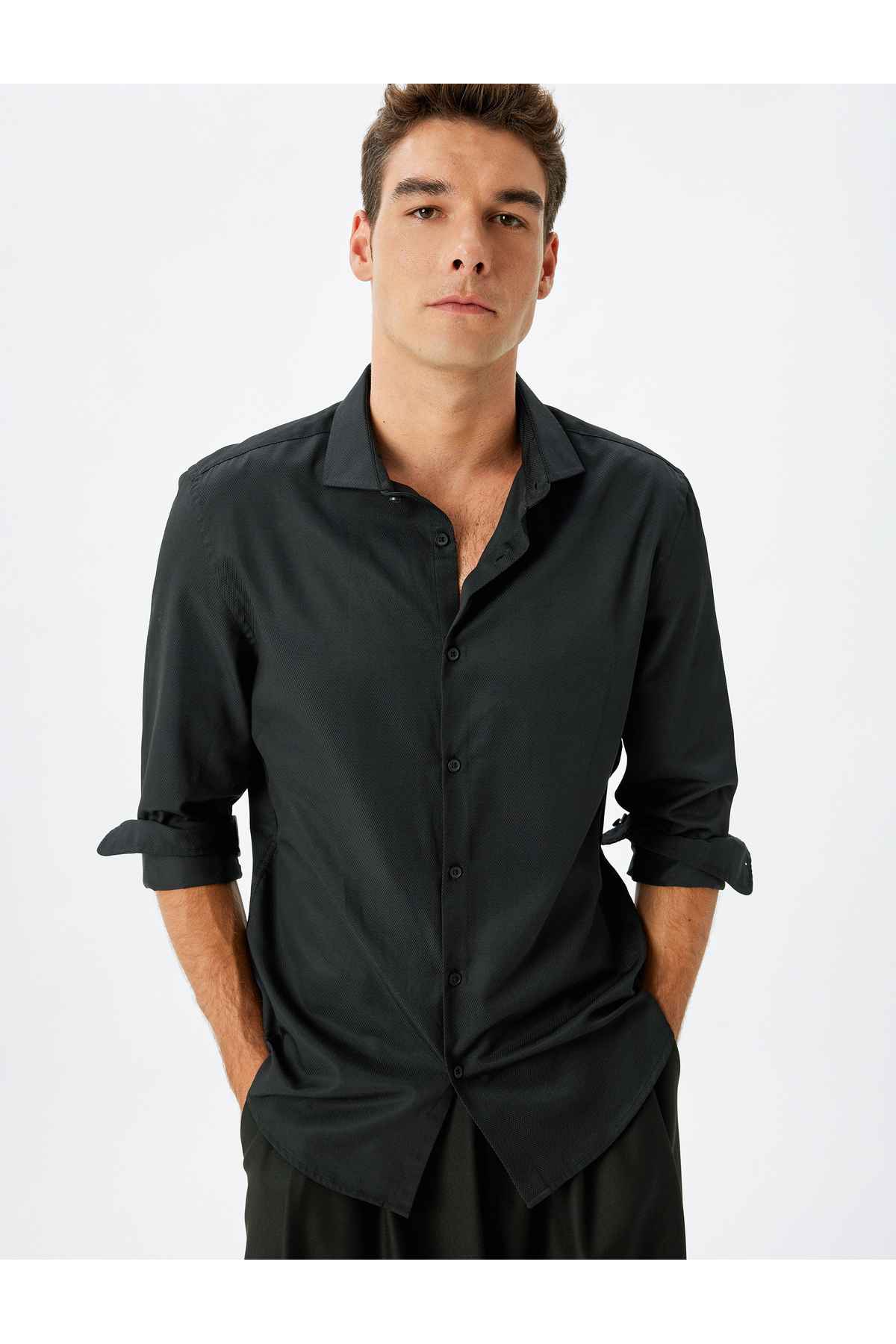 پیراهن کلاسیک باریک و باریک آستین بلند نیمی از یقه ایتالیایی پنبه مخلوط