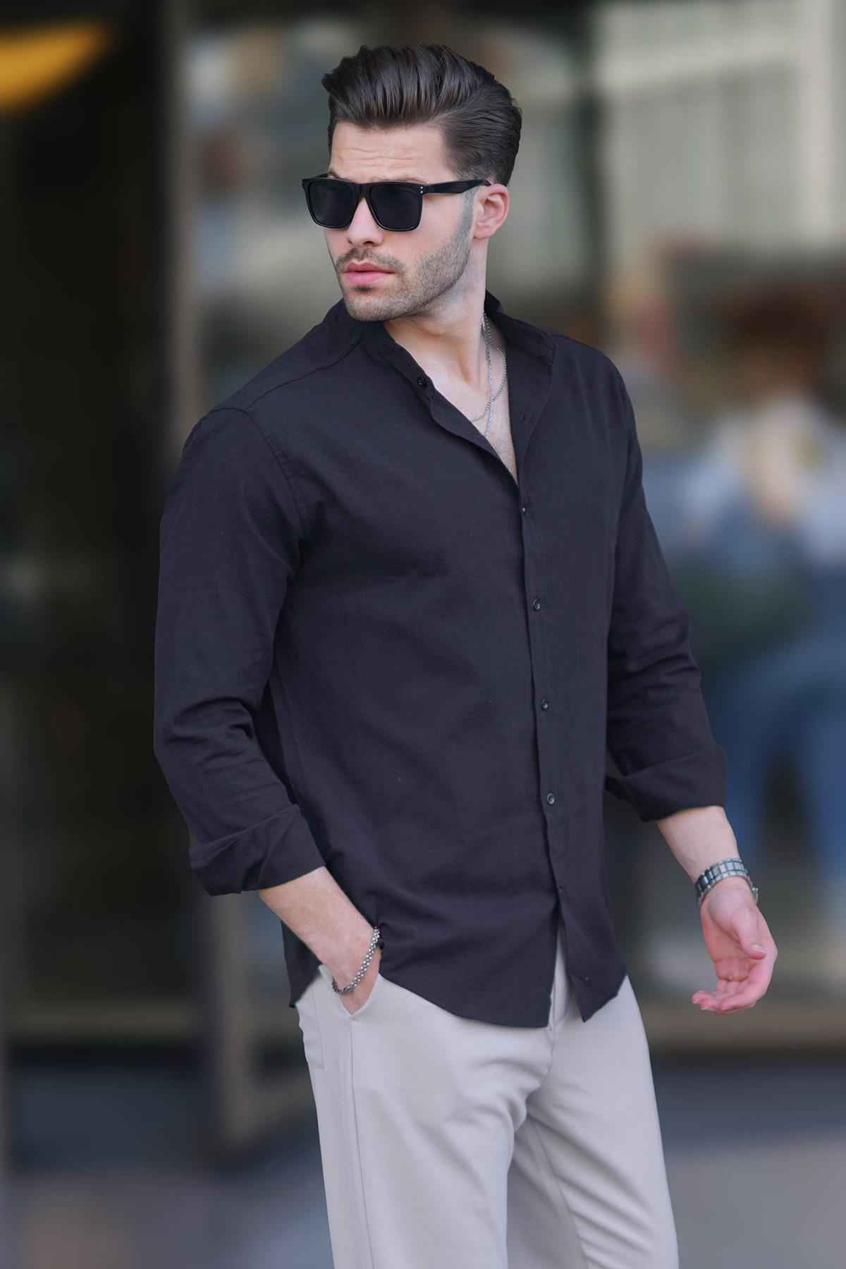 پیراهن مردانه آستین بلند پنبه ای یقه جامد مشکی