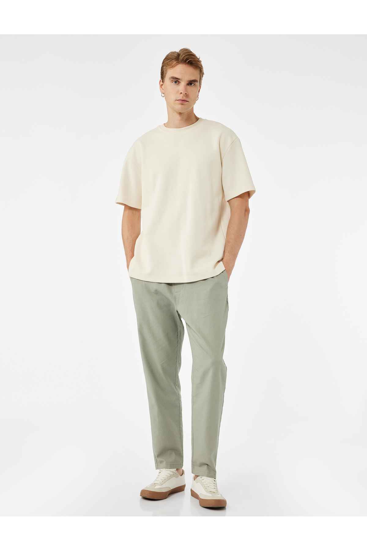 شلوار چینی کمر گره خورده کتان پنبه ای