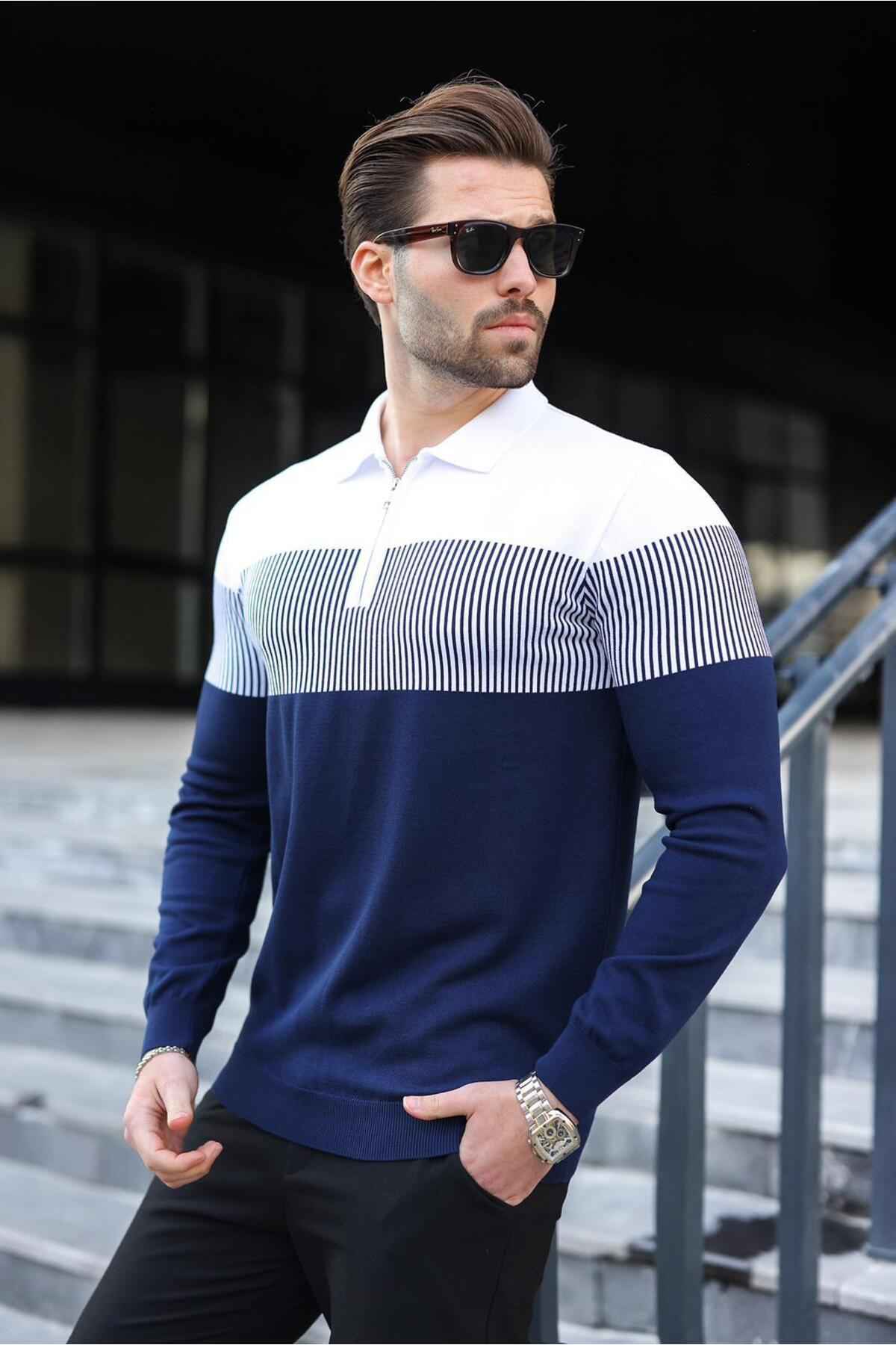 پلیور آستین بلند بلوکی رنگ یقه زیپ خاکستری