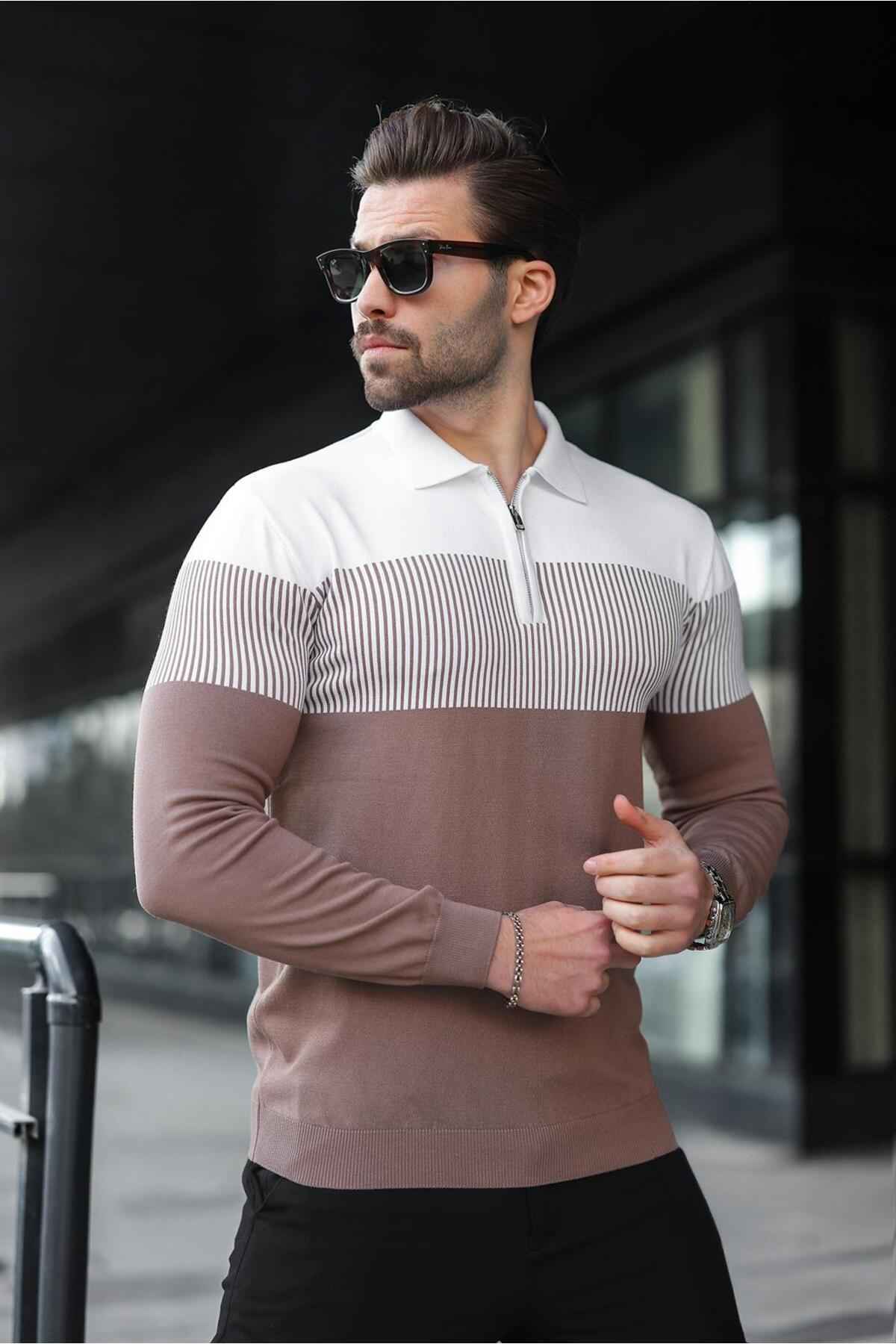 پلیور آستین بلند بلوکی رنگ یقه زیپ خاکستری