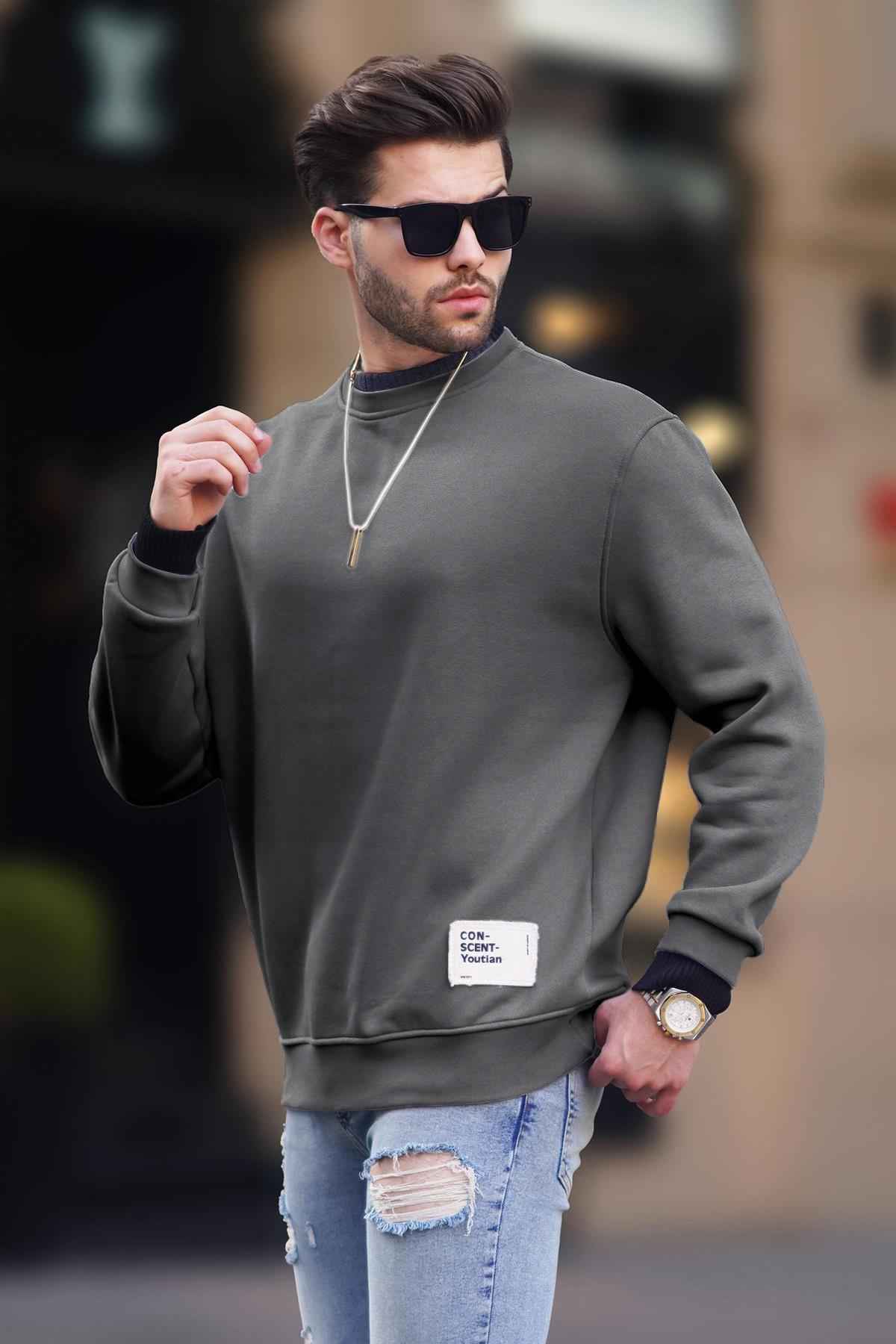 سویشرت مردانه با یقه خدمه خاکستری رنگ شده با جزئیات روبان