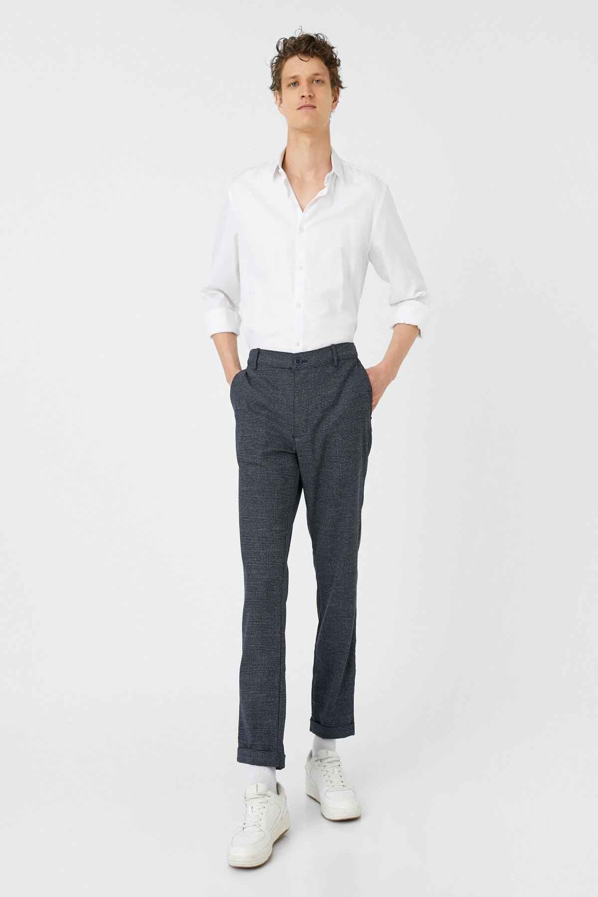 شلوار جین شطرنجی آبی سرمه ای مردانه