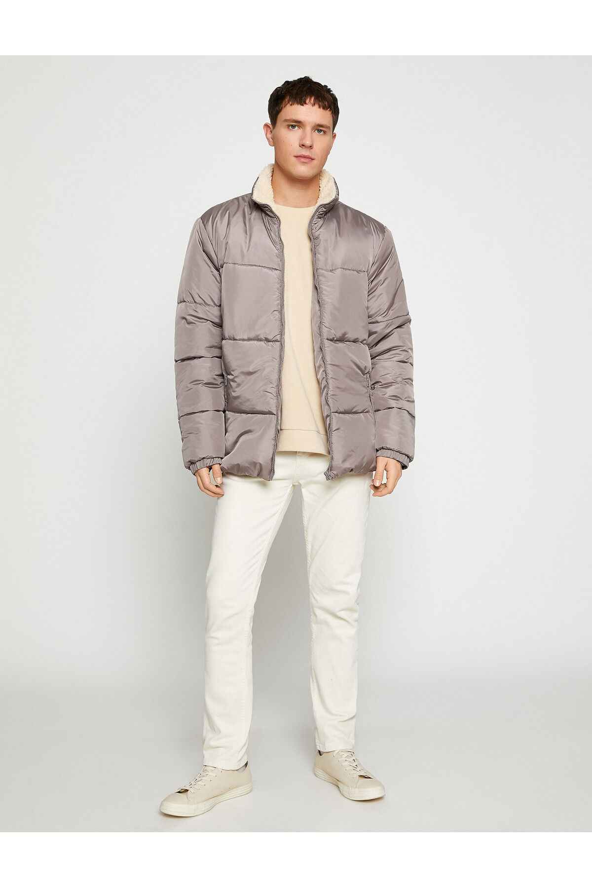 جیب زیپ دار یقه ای ژاکت پفی براق و ضد آب